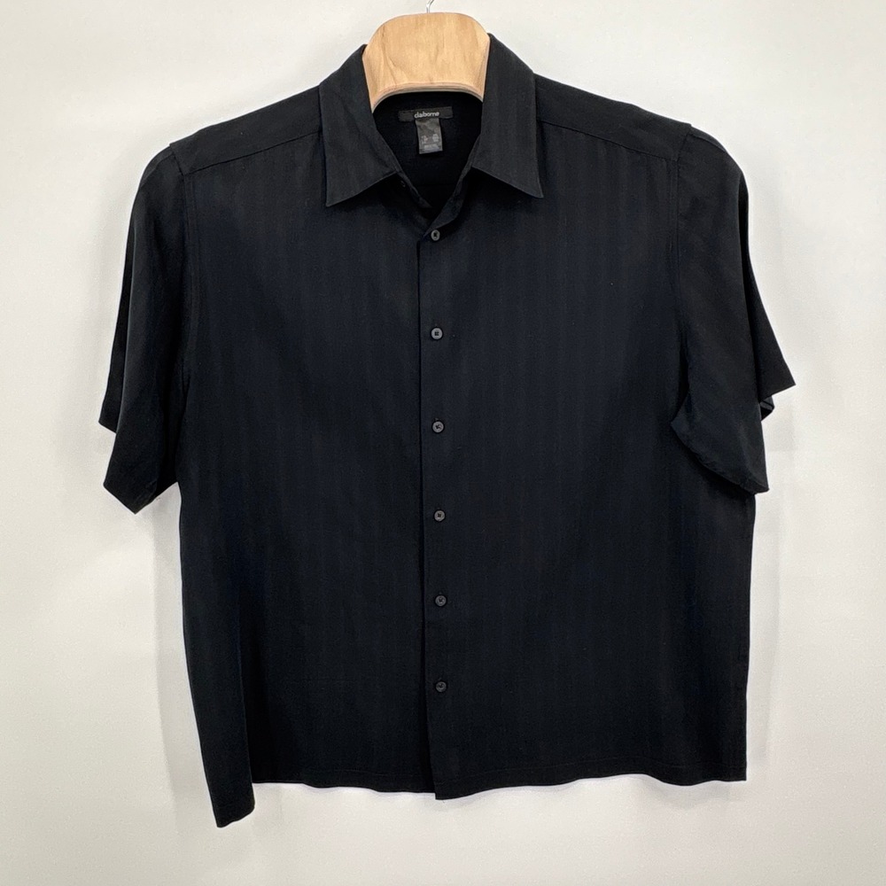 Claiborne Mens XXL Black 100% Silk Herringbone Short Sleeve Button Down Shirt